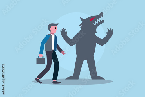 Businessman walking towards a menacing wolf shadow symbolizing fear and challenges in business