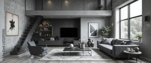 Panel kuchenny z motywem Small Minimalist Living Room with Loft in Shades of Gray, Modern and Refined.