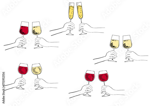 手描き線画　二人で乾杯するイラスト(いろいろパターン)Cheers in Line Art Series:Hand-drawn Line Art Illustration of Two People Toasting