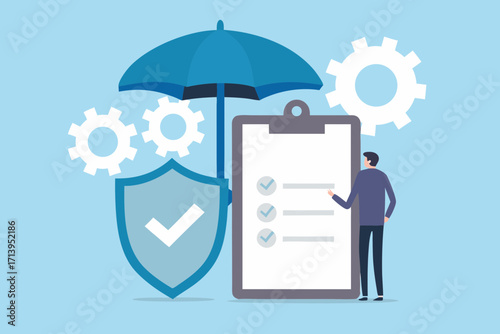 Business protection and risk management with checklist and shield under umbrella