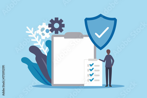 Man reviews checklist with shield and gears representing security and compliance in business operations