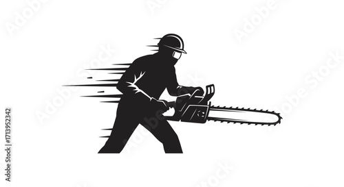 Dynamic silhouette of a lumberjack wielding a chainsaw in motion