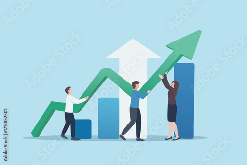 Teamwork and collaboration driving business growth and financial success with upward trending graph