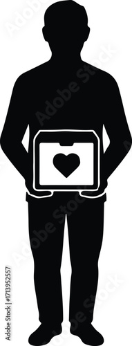 Vector Man silhouette holding donation box with heart symbol illustrator