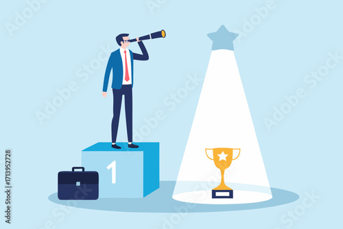 Businessman on first place podium looking through telescope towards a shining trophy and star representing success and goals