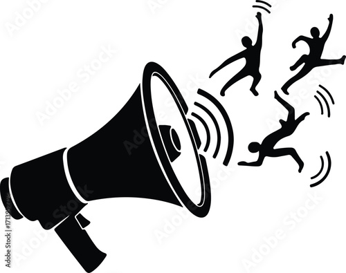 Vector megaphone shouting with falling people figures silhouette illustrator