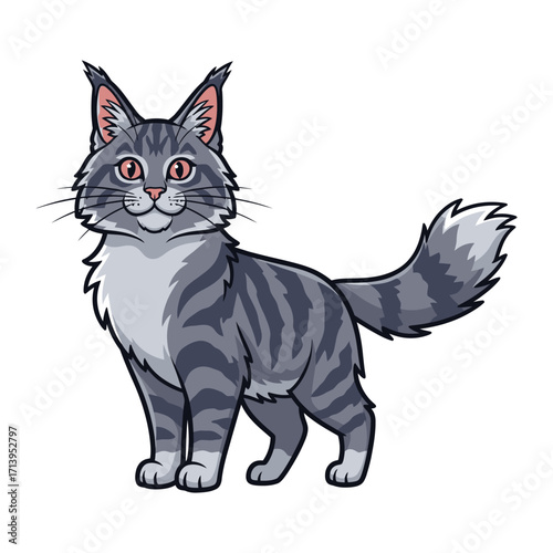 Maine Coon Cat in Profile: A delightful illustration of a regal Maine Coon cat, characterized by its long, flowing fur, perked ears, and friendly expression, depicted in a clean, outlined style.