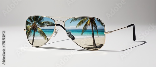 Stylish aviator sunglasses reflecting tropical beach scenes	