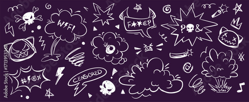 Crayon doodle speech bubbles with colorful chalk lines and abstract swear words. Angry expressions, rude symbols, curse shapes. Vector hand drawn conversation frames with bad, negative emotion