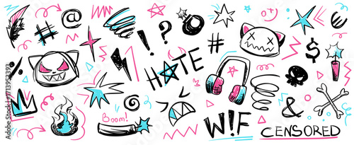 Crayon doodle speech bubbles with colorful chalk lines and abstract swear words. Angry expressions, rude symbols, curse shapes. Vector hand drawn conversation frames with bad, negative emotion