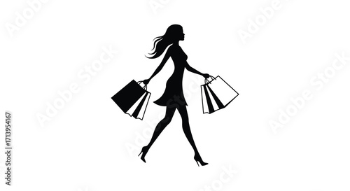 Silhouette of a woman walking and carrying shopping bags in style
