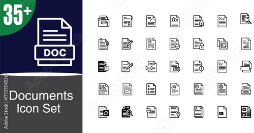 Collection of 35+ document icons for digital projects featuring doc file format symbol