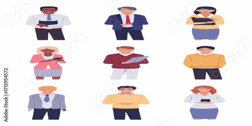 Collection of nine diverse business people with devices and documents