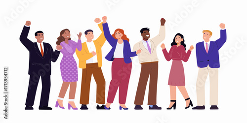 Diverse group of people celebrating with raised fists Keywords: celebration, success, victory