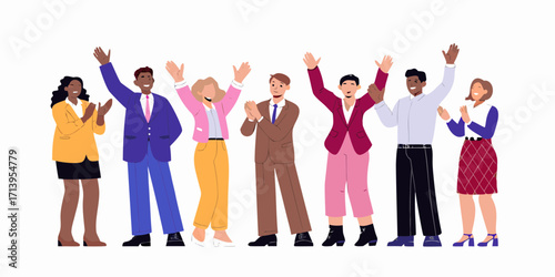 Diverse group of people waving and clapping on white background