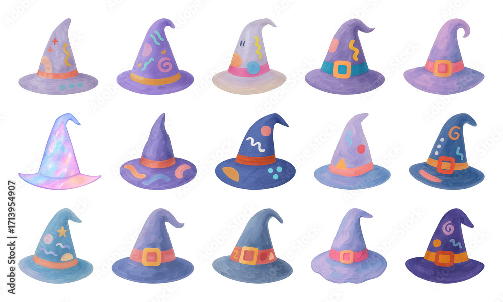 Fototapeta premium PNG Colorful whimsical witch hats collection, element set on transparent background