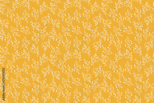 Seamless vector pattern with delicate white branches and tiny leaves on mustard yellow background. Elegant botanical design for textiles, wallpapers, and packaging