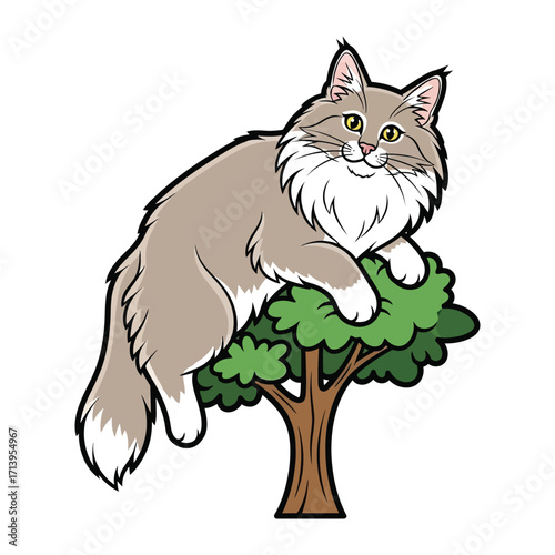 Cat on a tree: An adorable feline perches gracefully on a tree branch, its soft fur and alert eyes conveying a sense of curiosity and playful spirit in this illustrative composition.