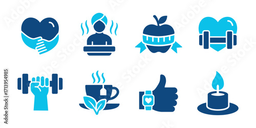 Healthy lifestyle glyph icons. Vector illustration of fitness, nutrition, relaxation, mindfulness, and health care silhouette signs.
