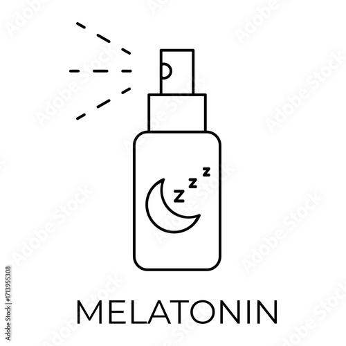 Melatonin spray line icon. Sleep aid supplement. Sleep cycle regulation and insomnia relief. Circadian rhythm balance and relaxation aid for healthy lifestyle. Bedtime routine. Vector illustration. 