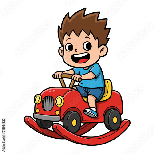 A joyful child with spiky brown hair rides a red rocking car with yellow details, smiling widely while gripping the steering wheel. Fun, playful, and full of motion.