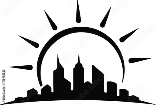 Vector rising sun over city skyline cityscape silhouette illustrator