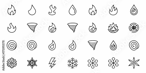 Dynamic collection of elemental icons featuring fire water air earth ice lightning and abstract symbols for diverse design needs