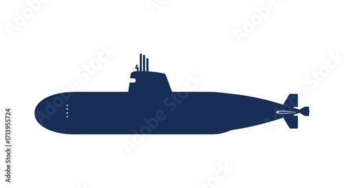 Simple silhouette of a dark blue submarine on a white background