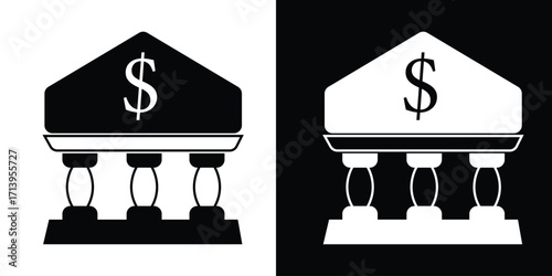Two stylized bank building icons with dollar signs one in black and white representing finance and wealth