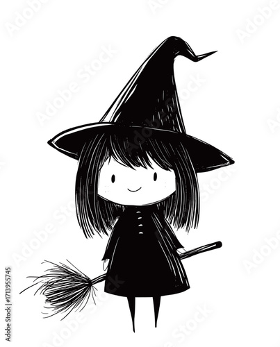 Cute Little Witch with Broom – Halloween Cartoon Vector Illustration