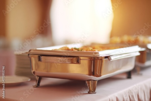Silver chafing dish glows warmly at sunrise buffet, capturing Reheat Day charm, Nordic Syttende Mai culinary festivities
