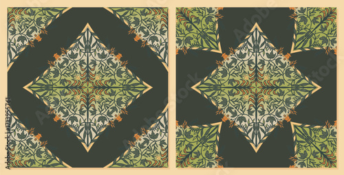 Vintage Islamic Green Floral Ornament for Silk Scarf, Carpet, Rug, Label, and Tile Background Design