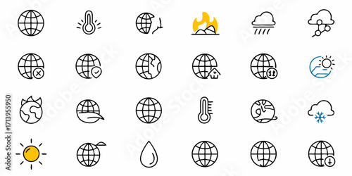 Dynamic global icons represent climate change environmental issues weather patterns and earth's condition