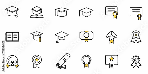 Celebrate academic achievement and success with graduation caps, diplomas, and awards icons symbolizing education milestones and recognition
