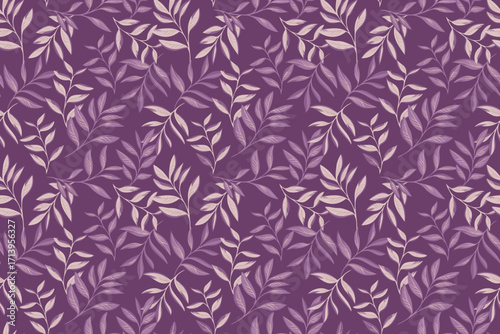 Elegant seamless vector pattern with hand drawn leafy branches in soft lilac and beige on a deep purple background. Template for fabrics, wallpapers, wrapping, and branding