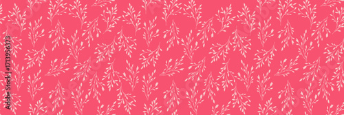 Elegant seamless vector pattern with delicate white botanical branches on a vibrant pink background. Designs for fabric, packaging, wedding stationery, branding, modern decor