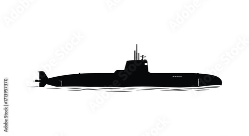 A sleek black silhouette of a submarine gliding through calm waters