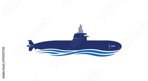 A dark blue submarine silhouette floats on stylized ocean waves