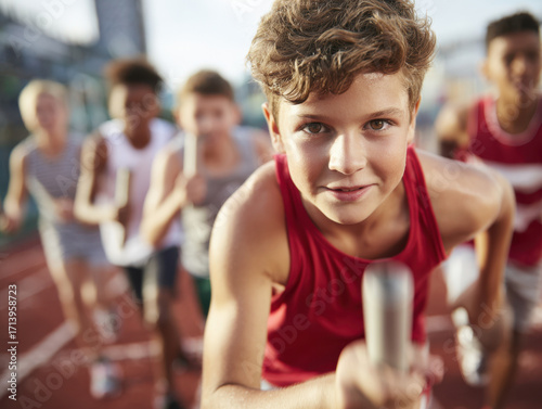 Middle school track and field athletes fiercely compete in a relay, showcasing determination and teamwork against cheering supporters