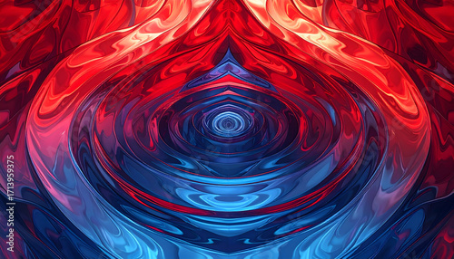 Abstract digital art with vibrant red and blue swirling patterns creating mesmerizing and dynamic visual effect
