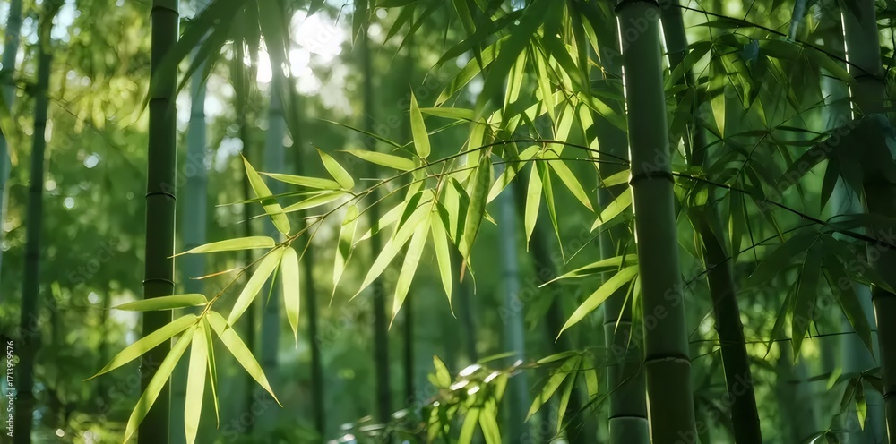 Obraz premium 緑の竹林を照らす暖かい太陽光が差し込む風景