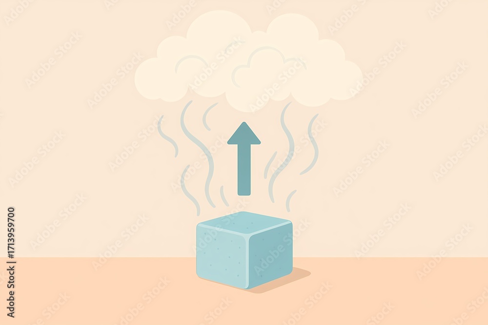 Fototapeta premium Educational pastel illustration showing sublimation, the direct transition from solid to gas, with clear visual metaphor for science learning and classroom materials