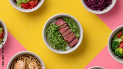 Sizzling steak atop peppery greens in a rainbow tableau, vibrant gastronomy aligning with Mid-Autumn Festival culinary tales
