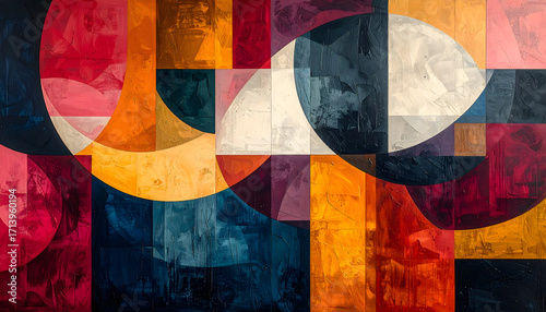 Abstract geometric painting with vibrant red, orange, blue, and cream shapes creating dynamic modern art expression