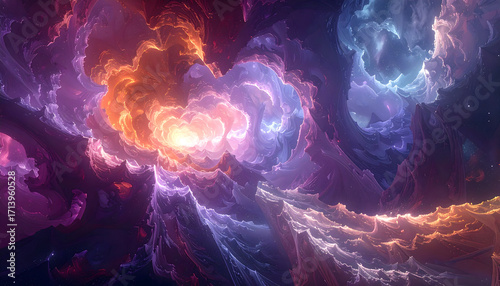Mesmerizing abstract fractal art with vibrant glowing clouds in purple, orange, and blue hues creating dynamic cosmic scene