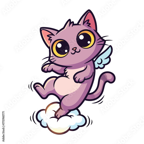 Cloud Cat's Whimsical Journey: An adorable cloud cat, with big eyes and a playful spirit, is depicted as it gracefully steps on a fluffy cloud, surrounded by ethereal ambiance.