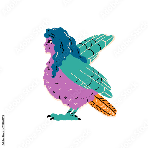 Mythological creature, ancient Greece, folklore. Fantasy monster. Harpy. Cartoon vector illustration.