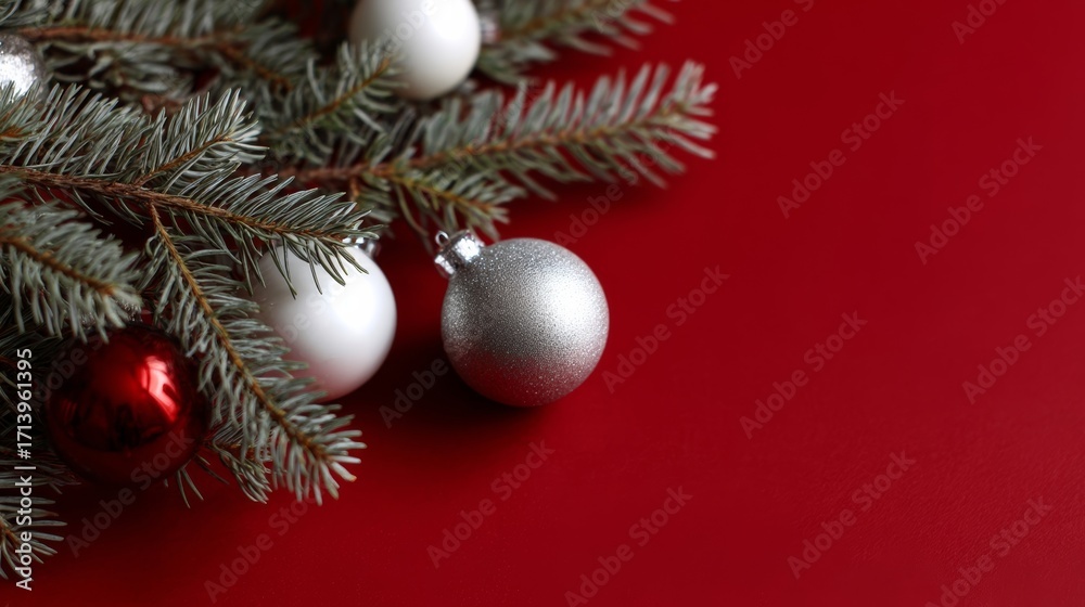 Fototapeta premium Evergreen boughs cradle silver baubles on crimson fabric, echoing Yule magic and winter solstice whispers, festive serenity