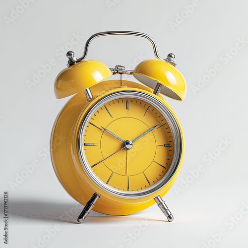 A vibrant yellow twin-bell alarm clock with silver accents sits on a light gray background; the time is nearly 8 o'clock