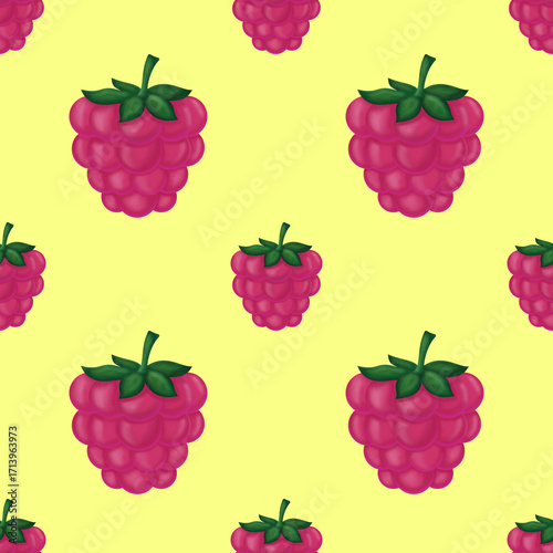 Seamless raspberry pattern on a yellow background. A fun, repeating vector illustration of pink berries for food packaging, textiles, and kids' designs.